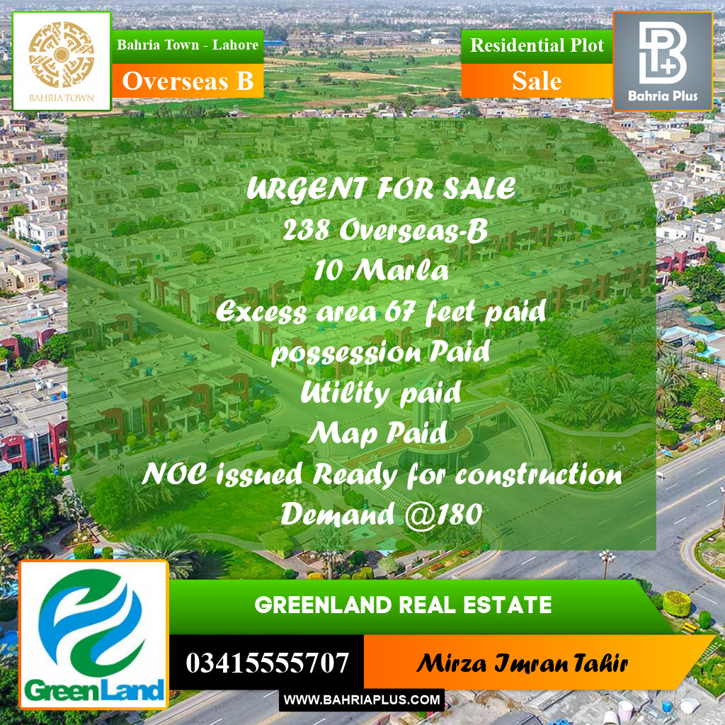 10 Marla Residential Plot for Sale in Overseas B -  Bahria Town, Lahore - (BP-354998)