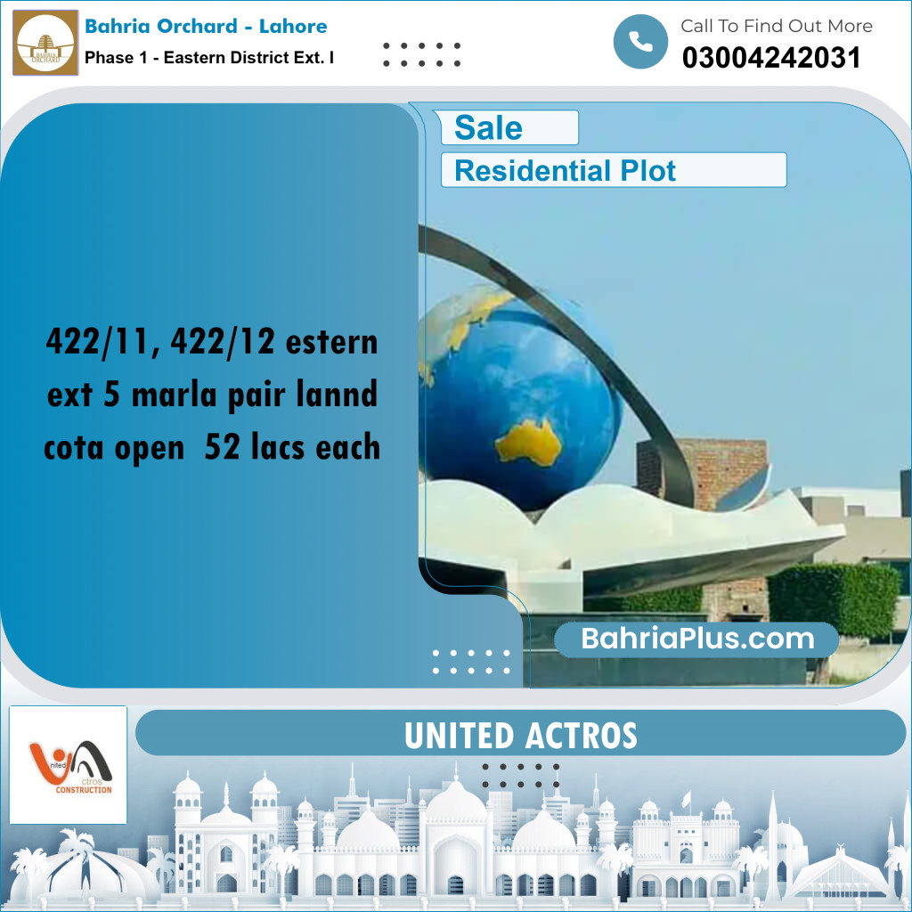 5 Marla Residential Plot for Sale in Phase 1 - Eastern District Ext. I -  Bahria Orchard, Lahore - (BP-355068)