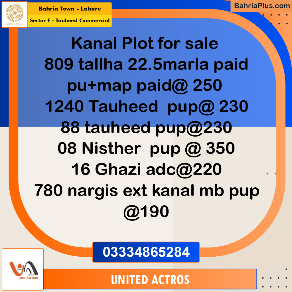 1 Kanal Residential Plot for Sale in Sector F - Tauheed Commercial -  Bahria Town, Lahore - (BP-355075)