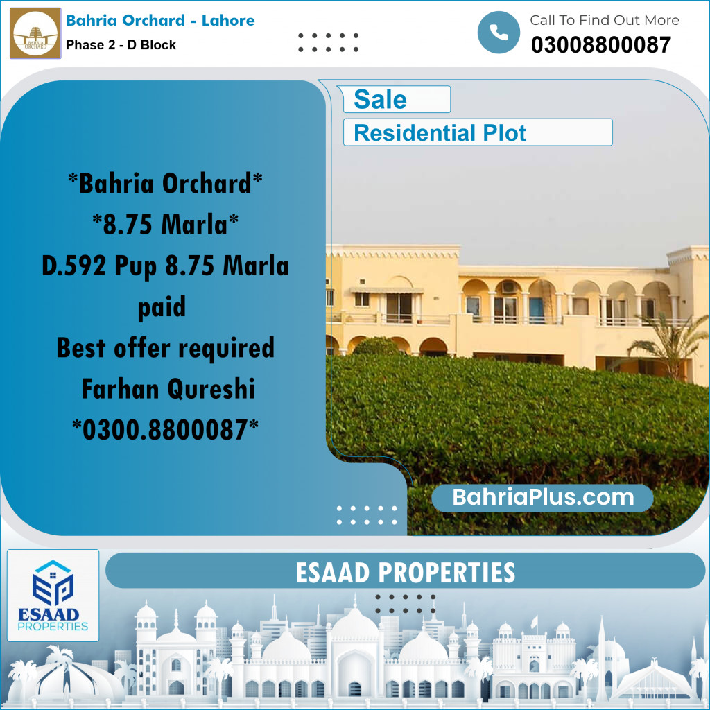 8.75 Marla Residential Plot for Sale in Phase 2 - D Block -  Bahria Orchard, Lahore - (BP-355207)