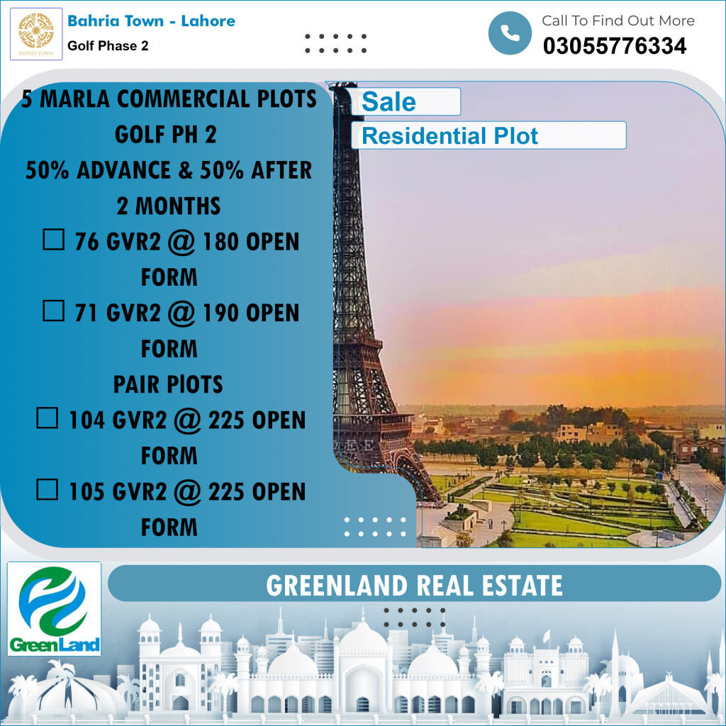 5.33 Marla Residential Plot for Sale in Golf Phase 2 -  Bahria Town, Lahore - (BP-355274)