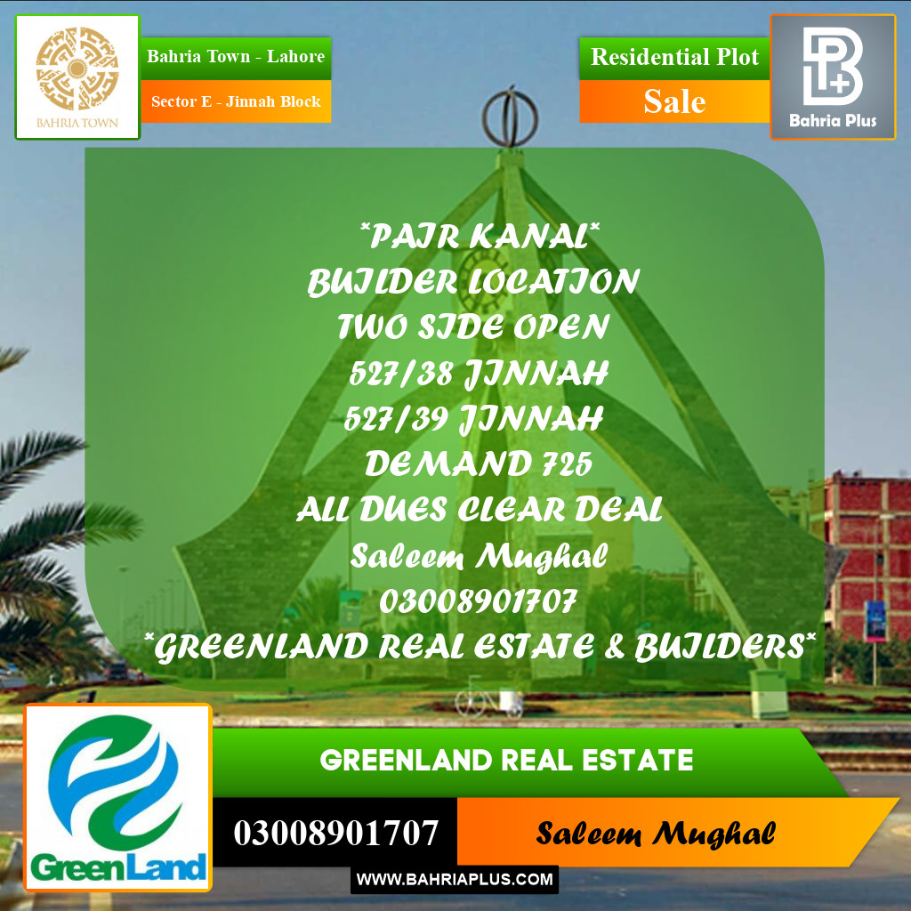 1 Kanal Residential Plot for Sale in Sector E - Jinnah Block -  Bahria Town, Lahore - (BP-355288)