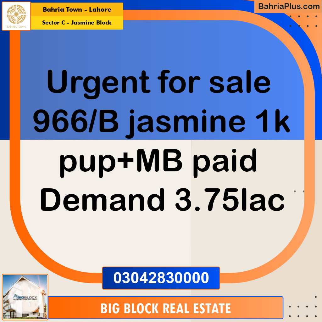 1 Kanal Residential Plot for Sale in Sector C - Jasmine Block -  Bahria Town, Lahore - (BP-355307)