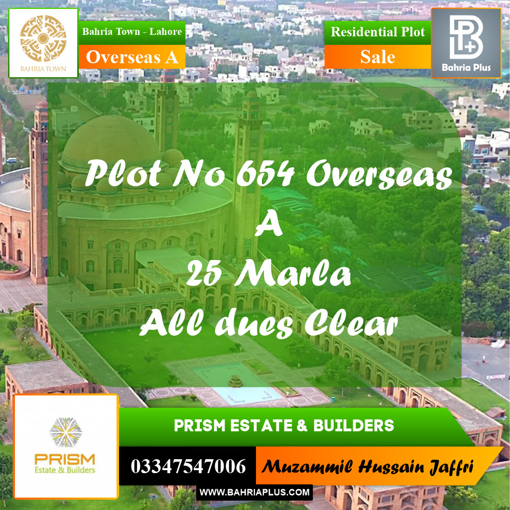 25 Marla Residential Plot for Sale in Overseas A -  Bahria Town, Lahore - (BP-355652)