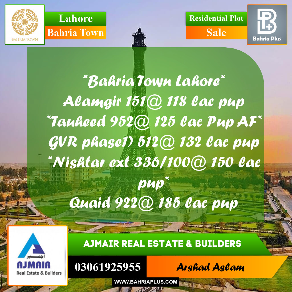 Residential Plot for Sale in Bahria Town, Lahore - (BP-355687)