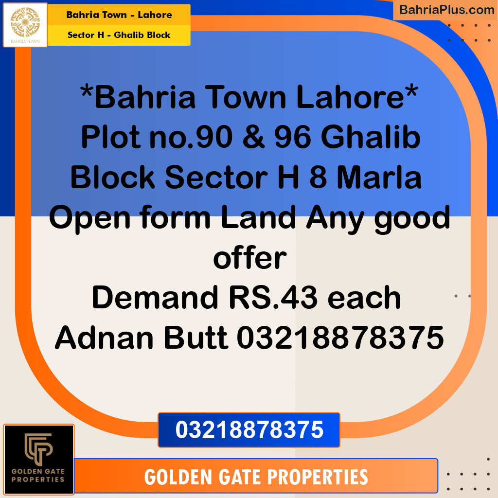 8 Marla Residential Plot for Sale in Sector H - Ghalib Block -  Bahria Town, Lahore - (BP-355730)