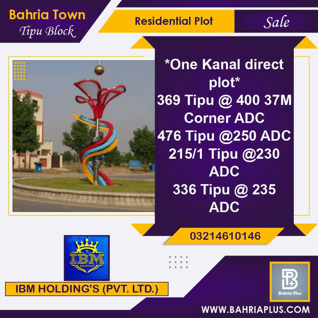 1 Kanal Residential Plot for Sale in Sector F - Tipu Sultan Block -  Bahria Town, Lahore - (BP-355793)