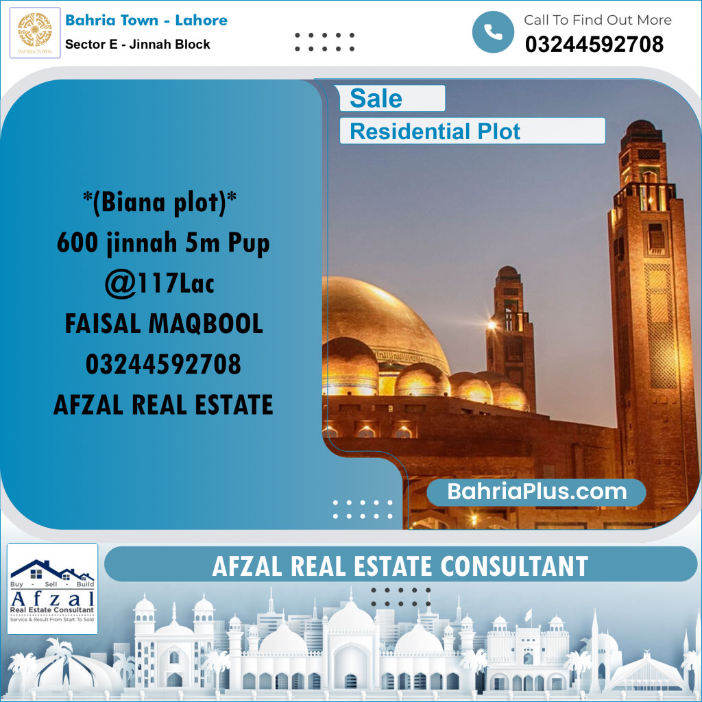 5 Marla Residential Plot for Sale in Sector E - Jinnah Block -  Bahria Town, Lahore - (BP-355836)
