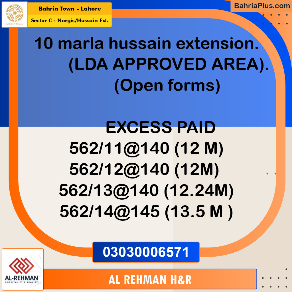 12 Marla Residential Plot for Sale in Sector C - Nargis/Hussain Ext. -  Bahria Town, Lahore - (BP-355917)