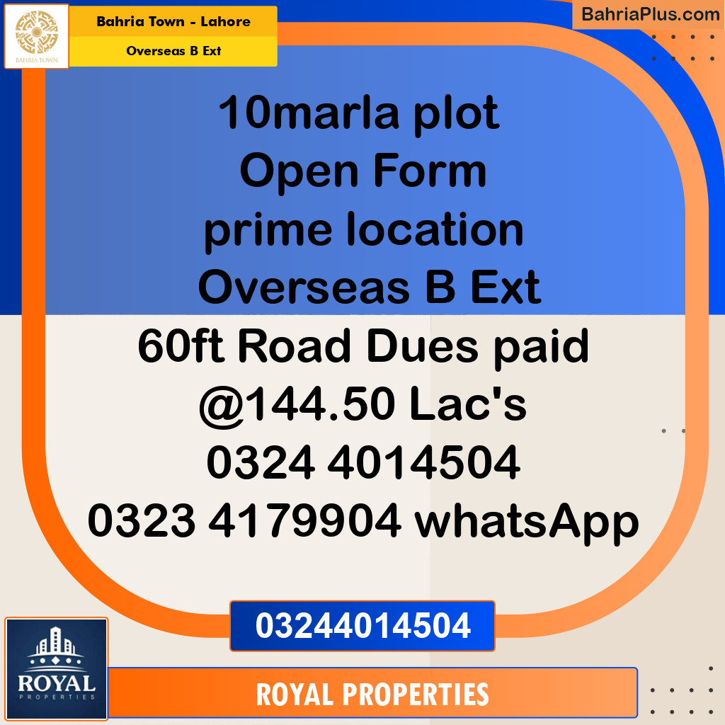 Residential Plot for Sale in Overseas B Ext -  Bahria Town, Lahore - (BP-355946)