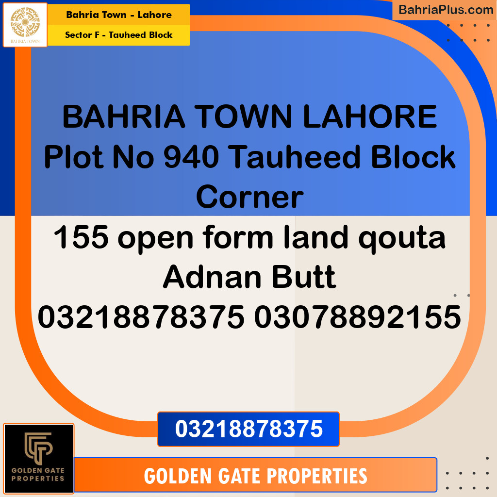 10 Marla Residential Plot for Sale in Sector F - Tauheed Block -  Bahria Town, Lahore - (BP-356003)
