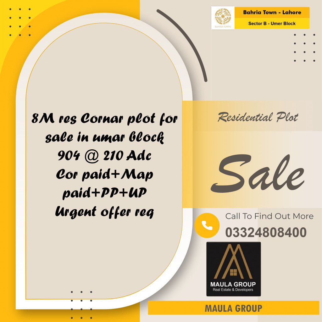8 Marla Residential Plot for Sale in Sector B - Umer Block -  Bahria Town, Lahore - (BP-356021)