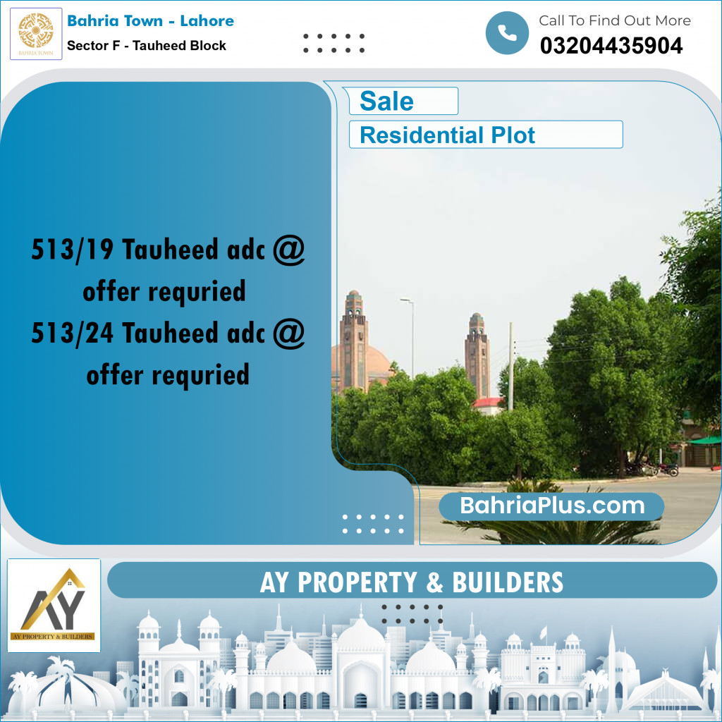1 Kanal Residential Plot for Sale in Sector F - Tauheed Block -  Bahria Town, Lahore - (BP-356028)