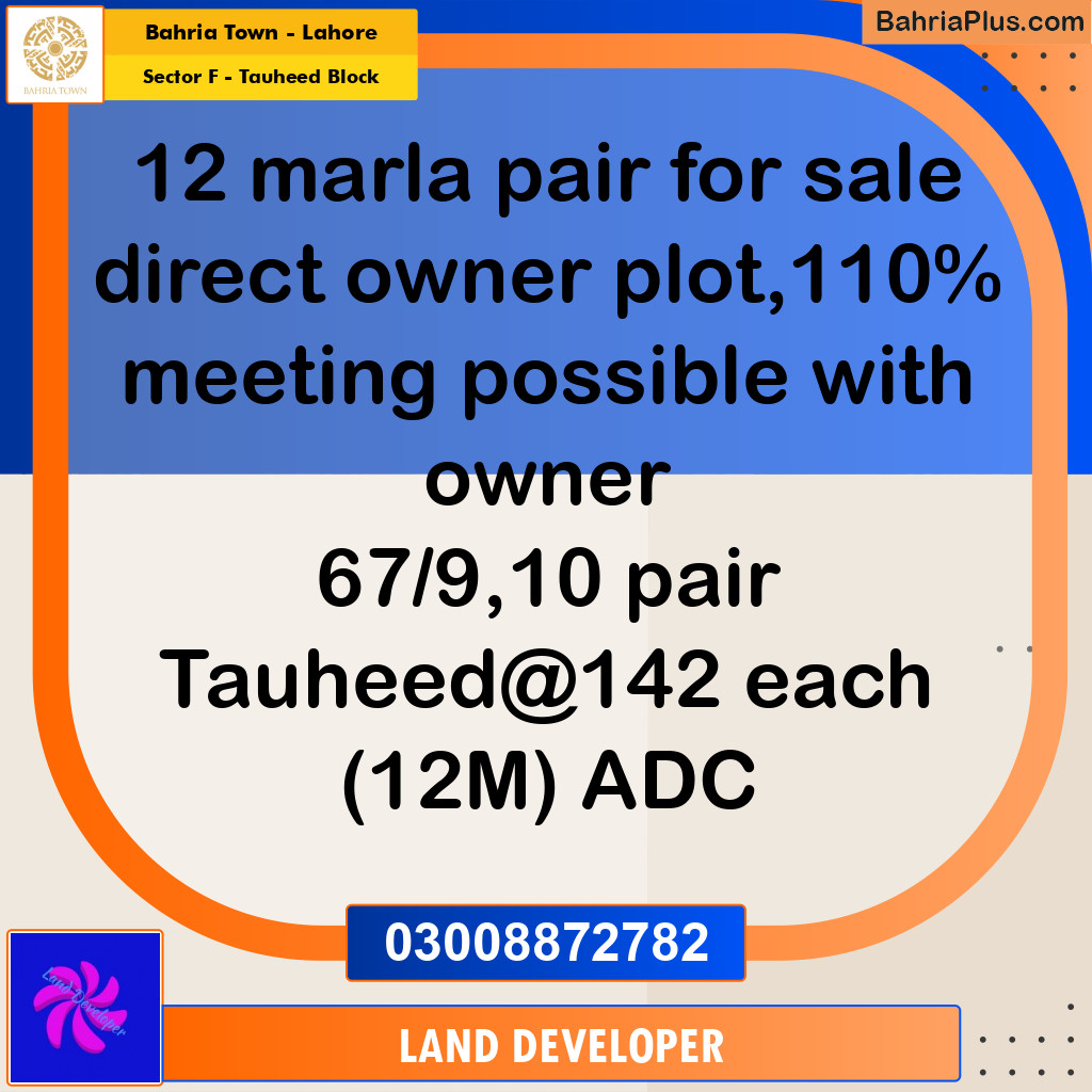 10 Marla Residential Plot for Sale in Sector F - Tauheed Block -  Bahria Town, Lahore - (BP-356046)