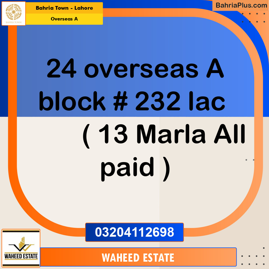 13 Marla Residential Plot for Sale in Overseas A -  Bahria Town, Lahore - (BP-356047)