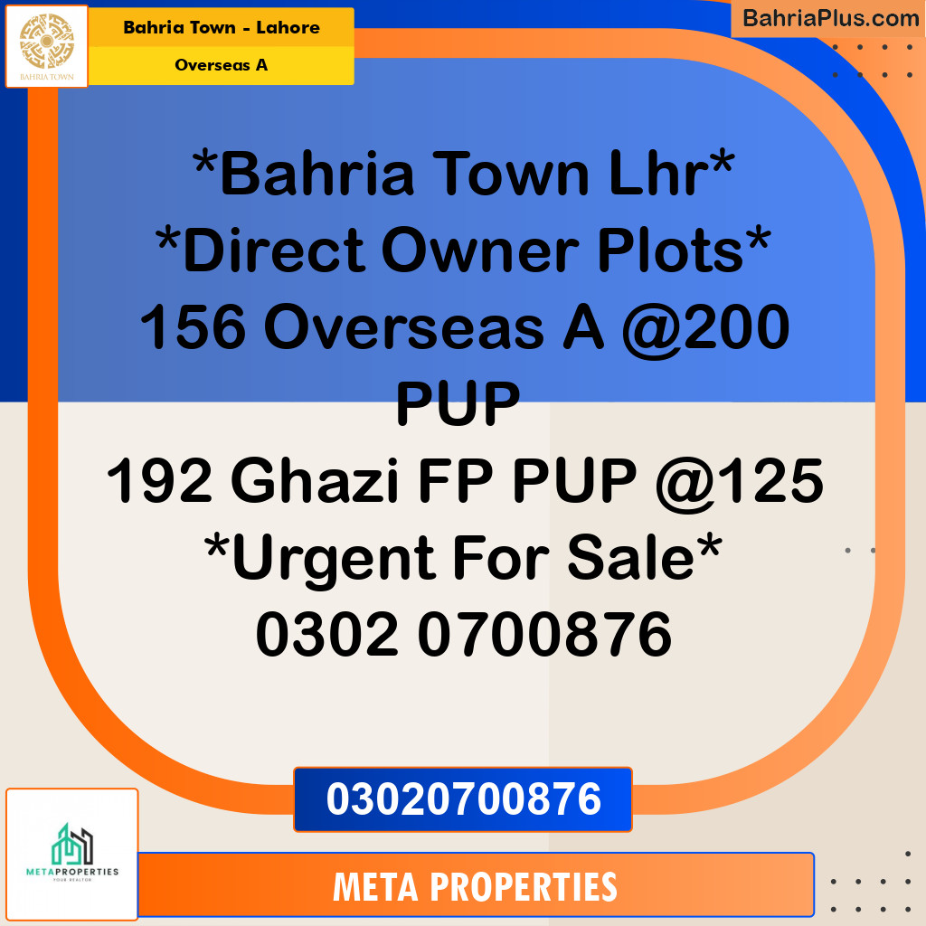 10 Marla Residential Plot for Sale in Overseas A -  Bahria Town, Lahore - (BP-356089)