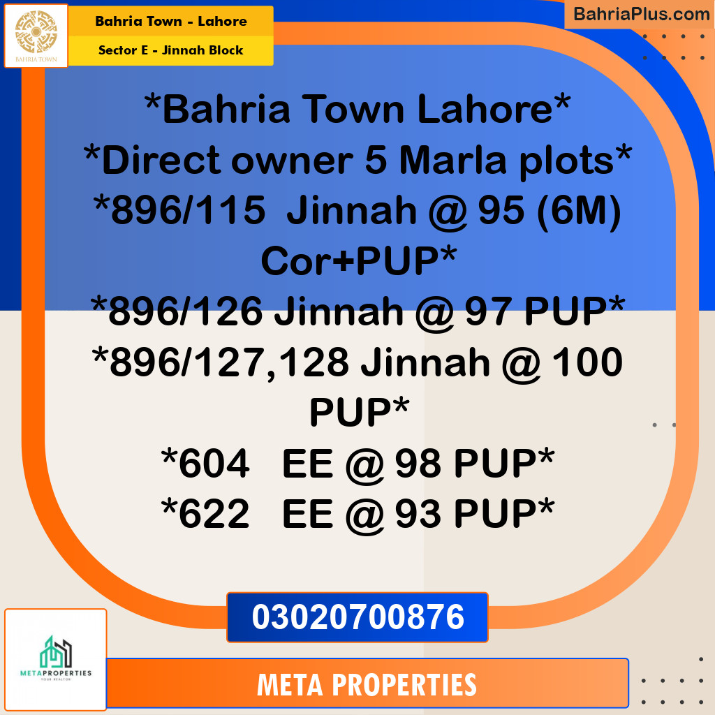 5 Marla Residential Plot for Sale in Sector E - Jinnah Block -  Bahria Town, Lahore - (BP-356090)