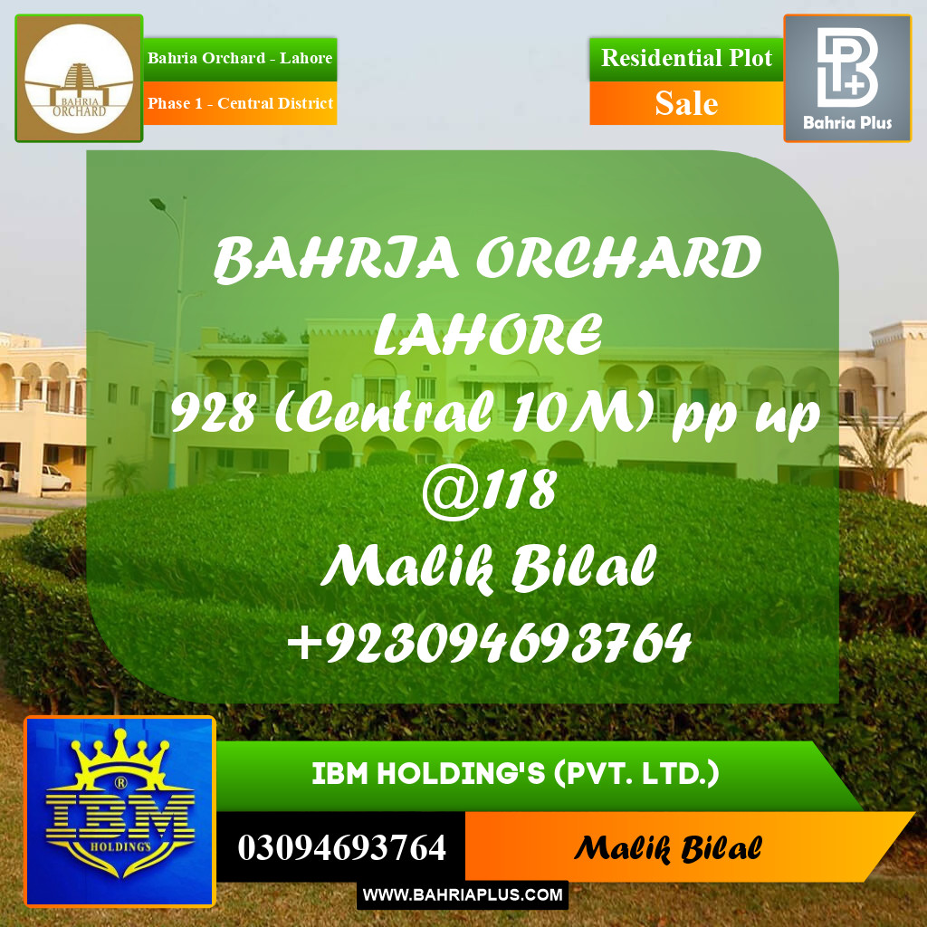 10 Marla Residential Plot for Sale in Phase 1 - Central District -  Bahria Orchard, Lahore - (BP-356110)