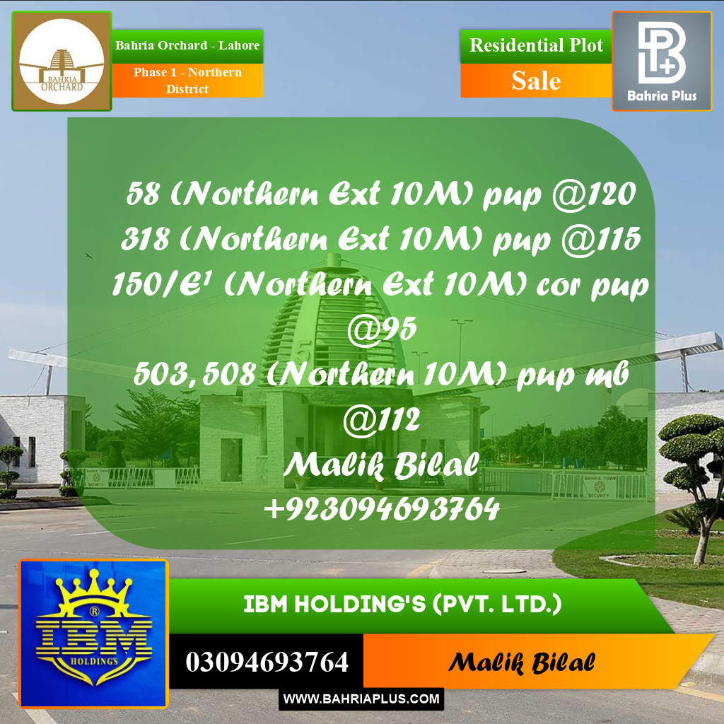 10 Marla Residential Plot for Sale in Phase 1 - Northern District -  Bahria Orchard, Lahore - (BP-356115)