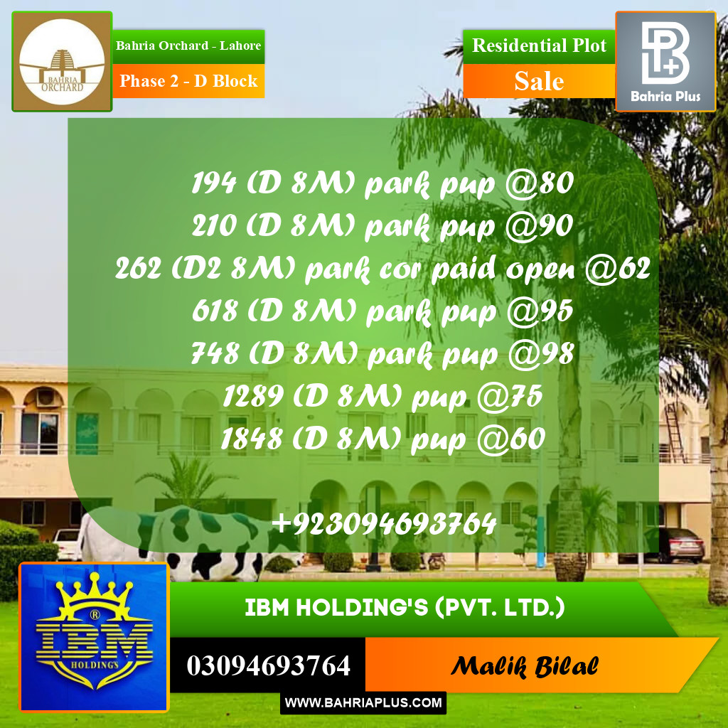 8 Marla Residential Plot for Sale in Phase 2 - D Block -  Bahria Orchard, Lahore - (BP-356145)