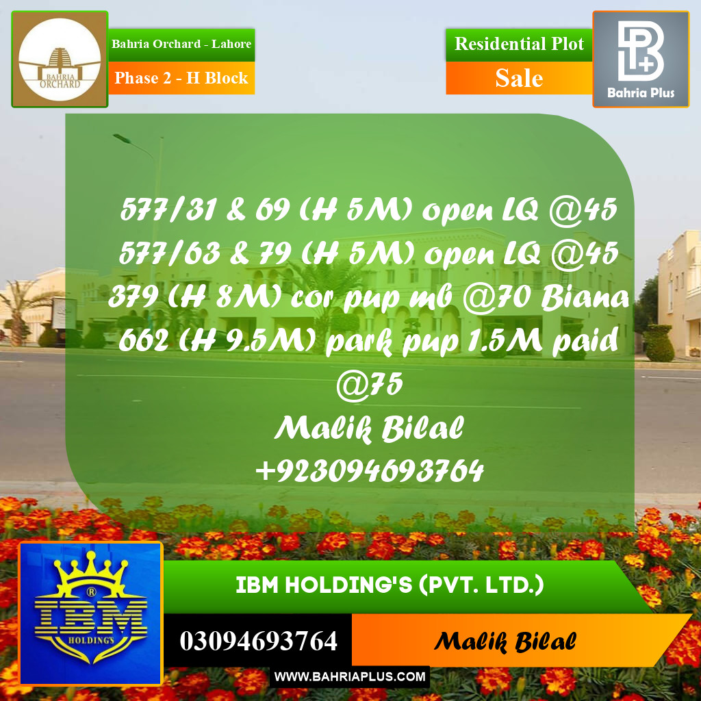 8 Marla Residential Plot for Sale in Phase 2 - H Block -  Bahria Orchard, Lahore - (BP-356151)