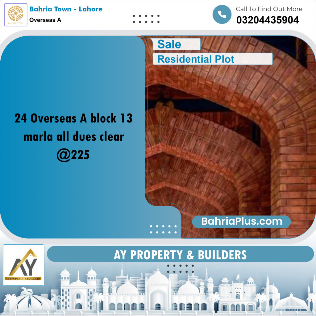 13 Marla Residential Plot for Sale in Overseas A -  Bahria Town, Lahore - (BP-356155)