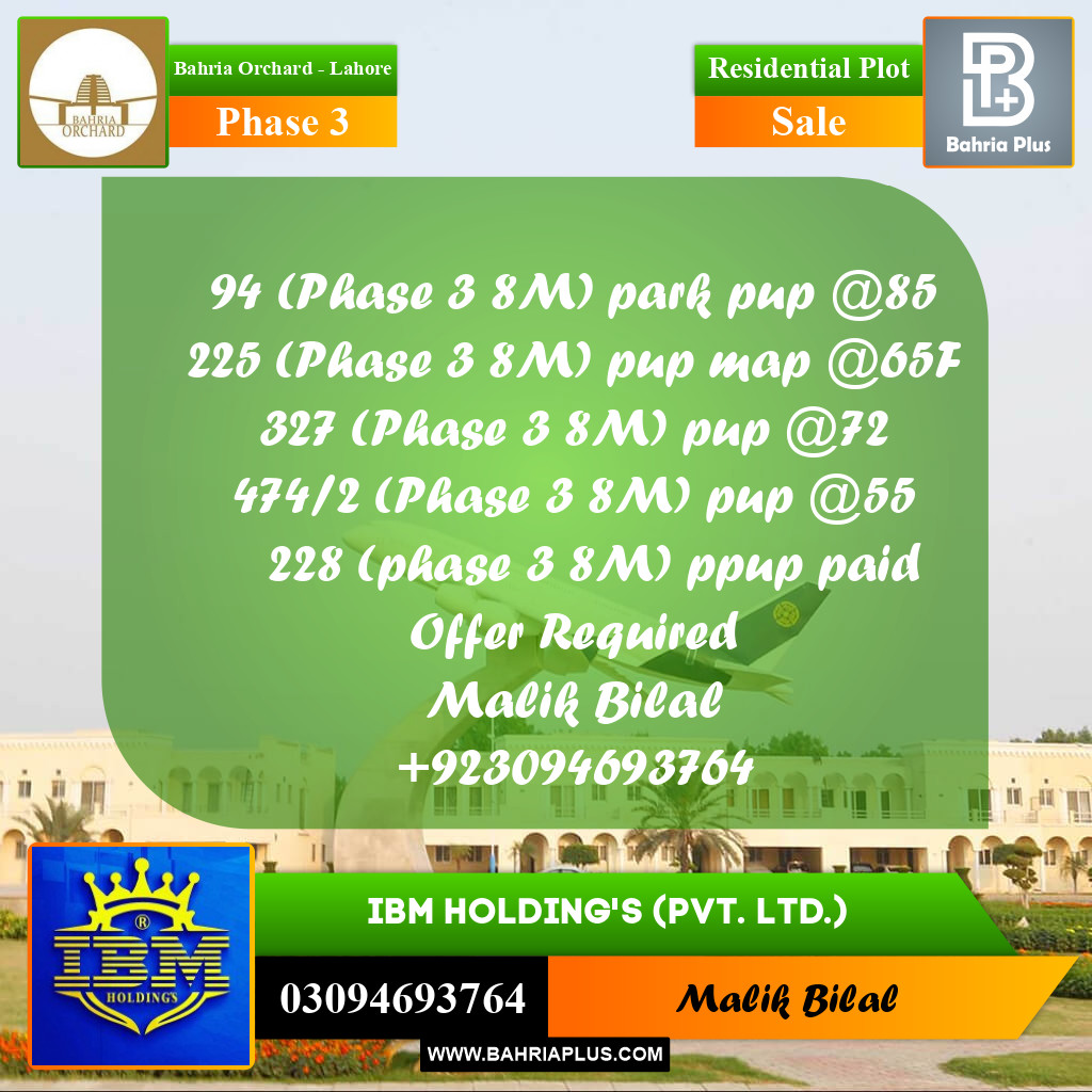 8 Marla Residential Plot for Sale in Phase 3 -  Bahria Orchard, Lahore - (BP-356160)