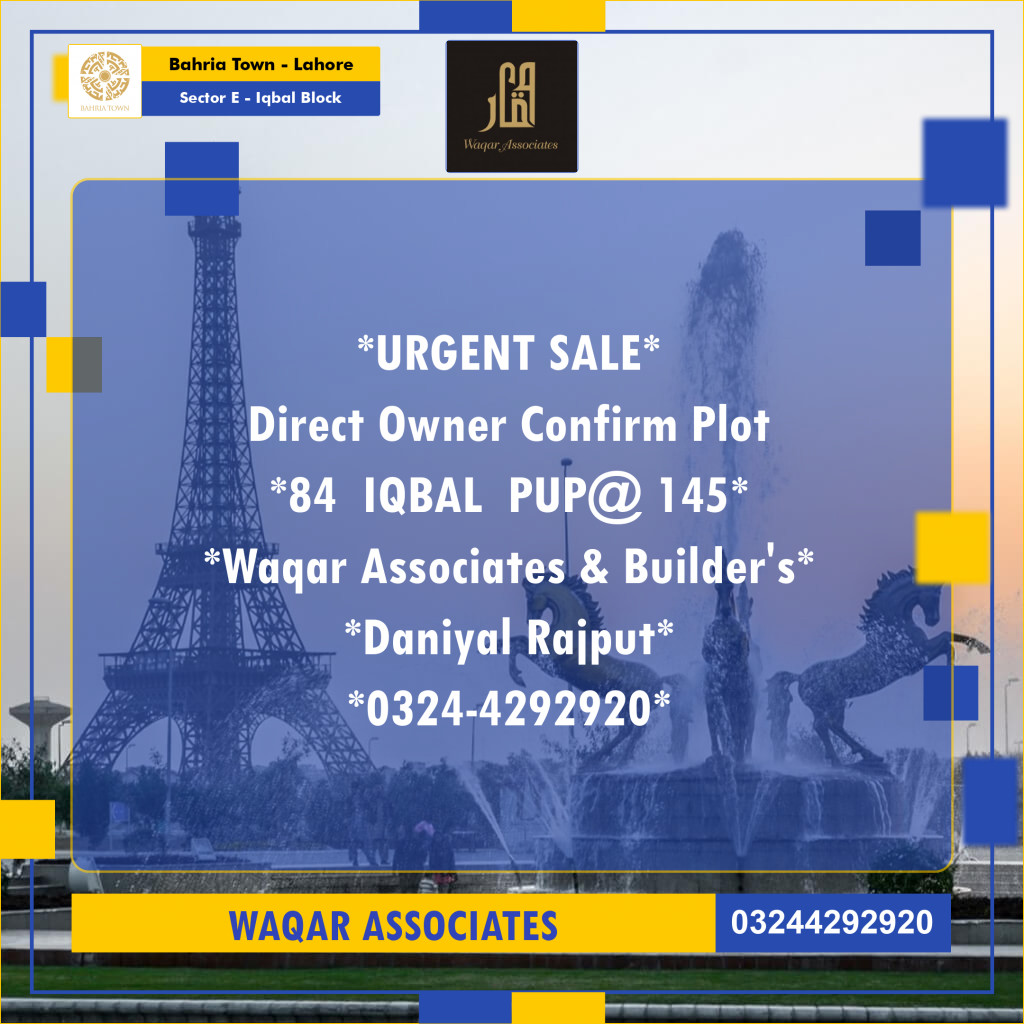 10 Marla Residential Plot for Sale in Sector E - Iqbal Block -  Bahria Town, Lahore - (BP-356163)