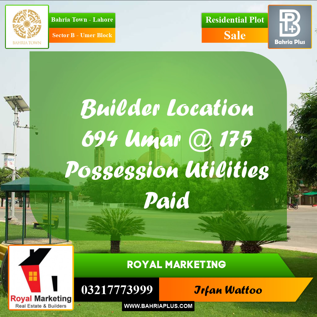 8 Marla Residential Plot for Sale in Sector B - Umer Block -  Bahria Town, Lahore - (BP-356238)