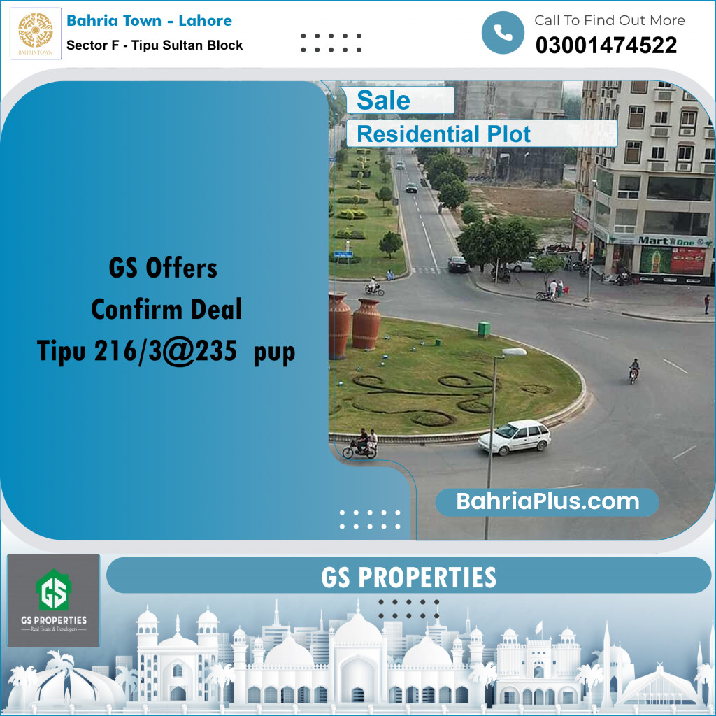 1 Kanal Residential Plot for Sale in Sector F - Tipu Sultan Block -  Bahria Town, Lahore - (BP-356289)