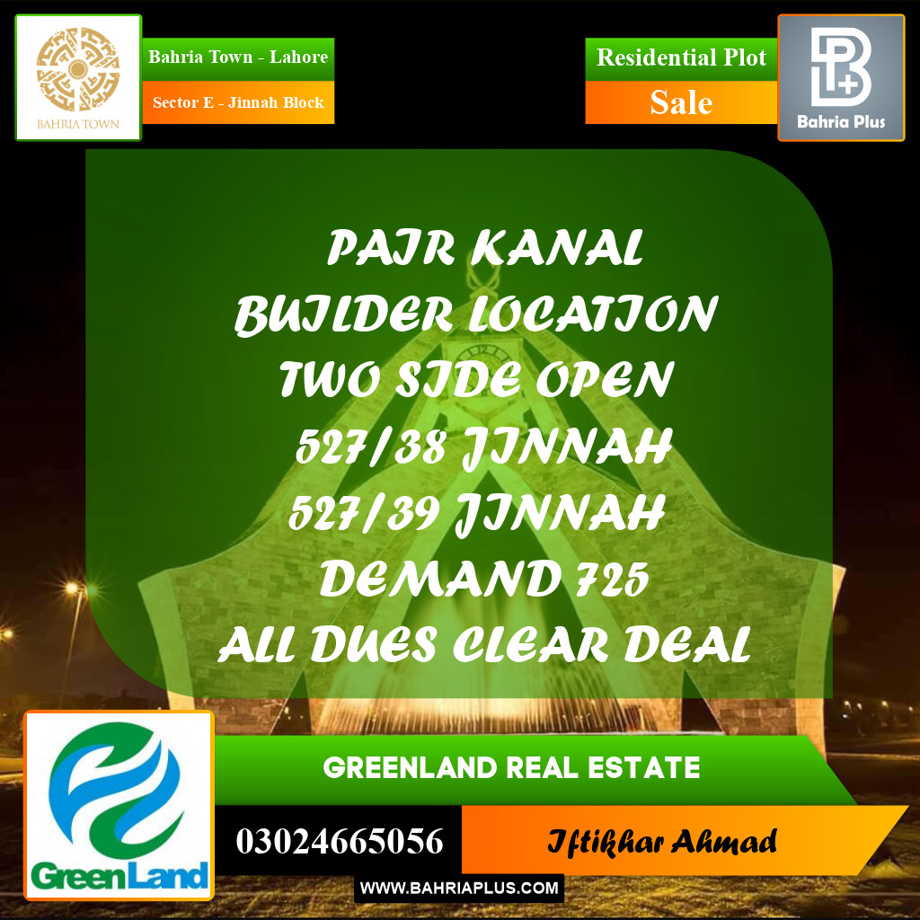 2 Kanal Residential Plot for Sale in Sector E - Jinnah Block -  Bahria Town, Lahore - (BP-356370)