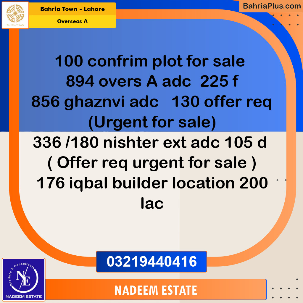 Residential Plot for Sale in Overseas A -  Bahria Town, Lahore - (BP-356382)