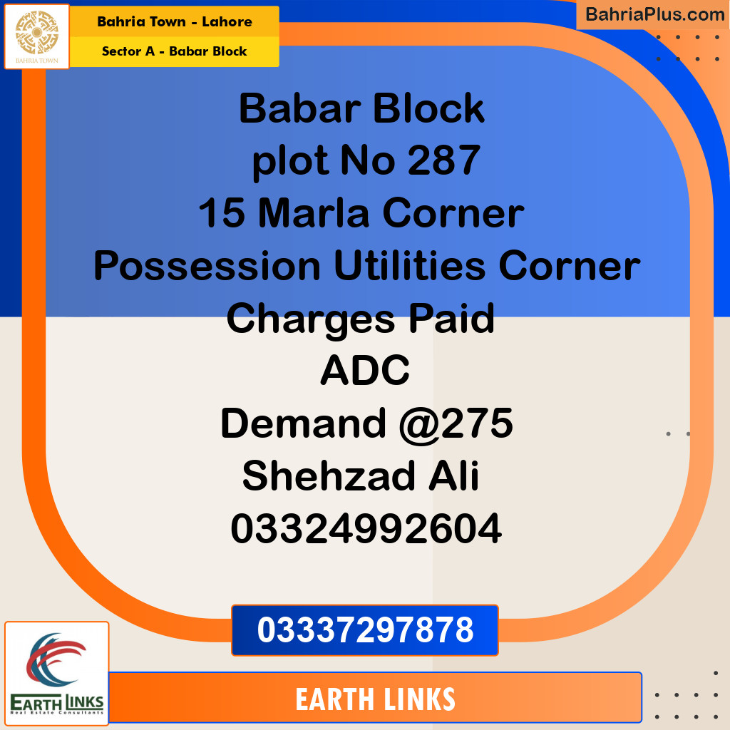 15 Marla Residential Plot for Sale in Sector A - Babar Block -  Bahria Town, Lahore - (BP-356507)