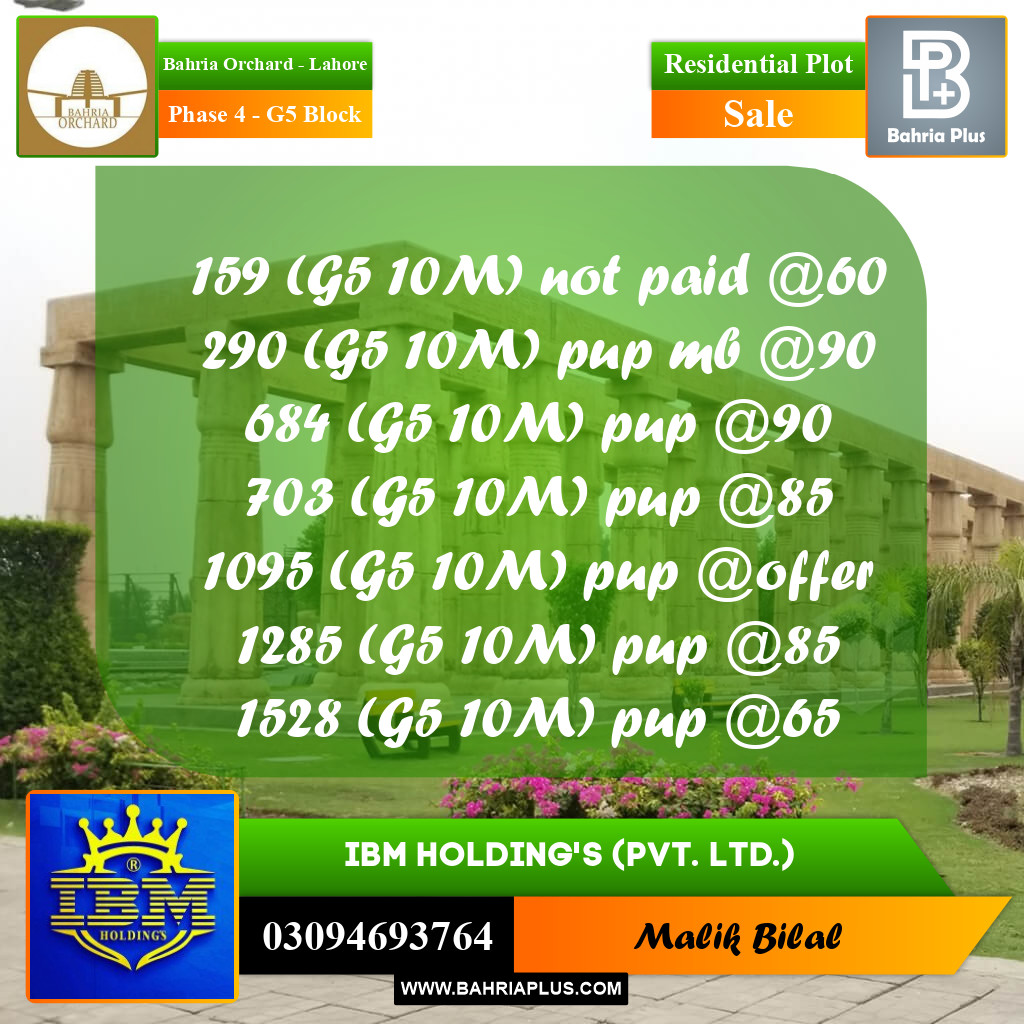 10 Marla Residential Plot for Sale in Phase 4 - G5 Block -  Bahria Orchard, Lahore - (BP-356541)