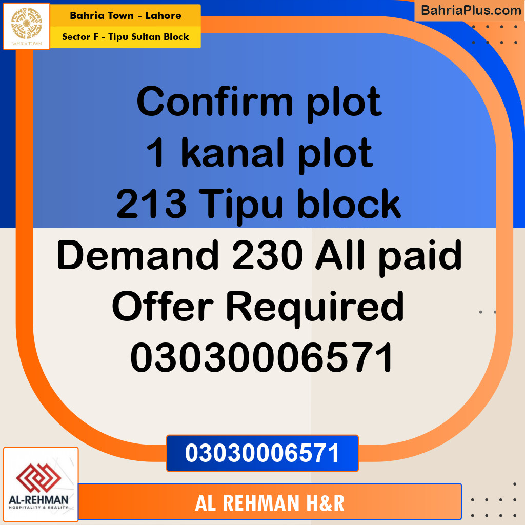 1 Kanal Residential Plot for Sale in Sector F - Tipu Sultan Block -  Bahria Town, Lahore - (BP-356558)