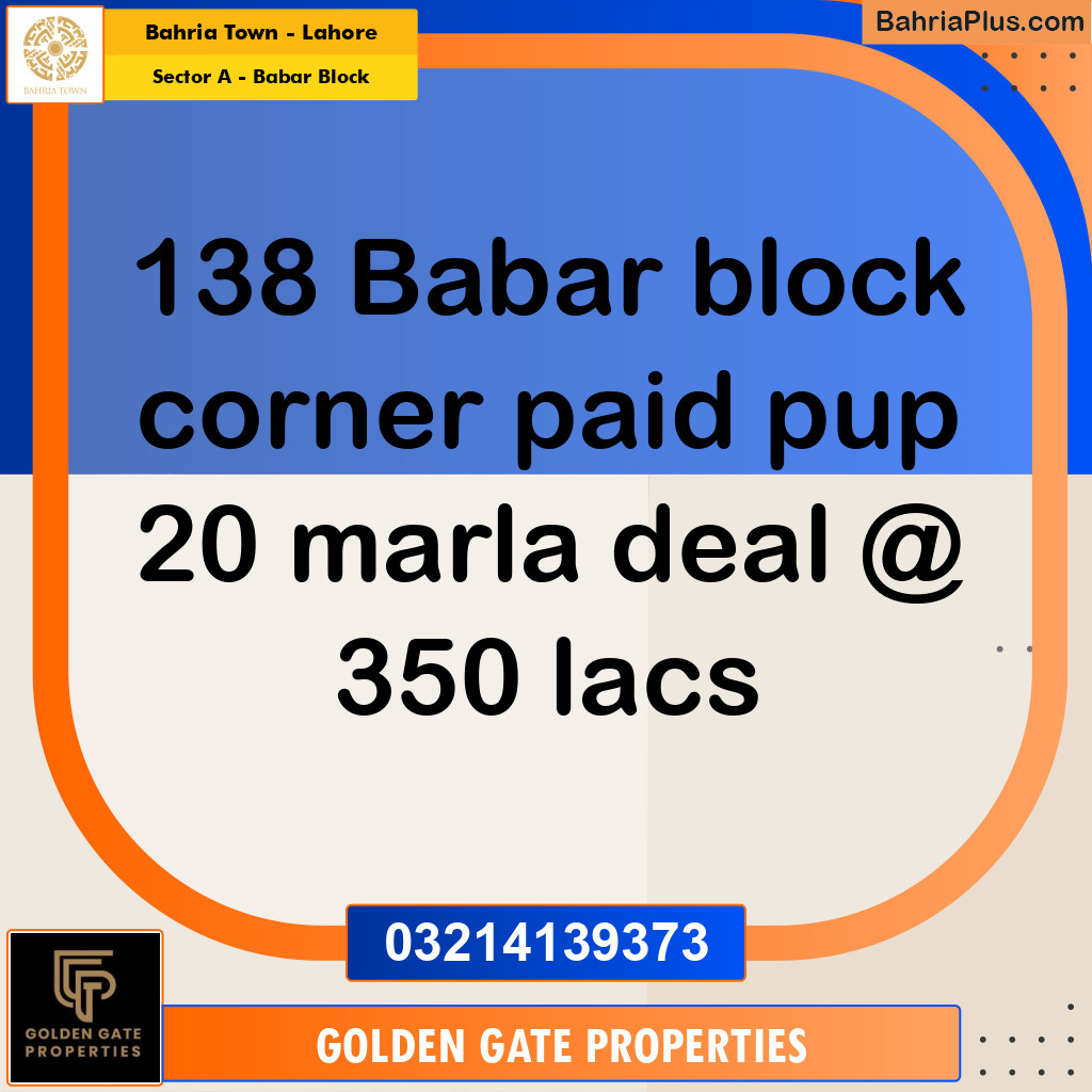 1 Kanal Residential Plot for Sale in Sector A - Babar Block -  Bahria Town, Lahore - (BP-356669)