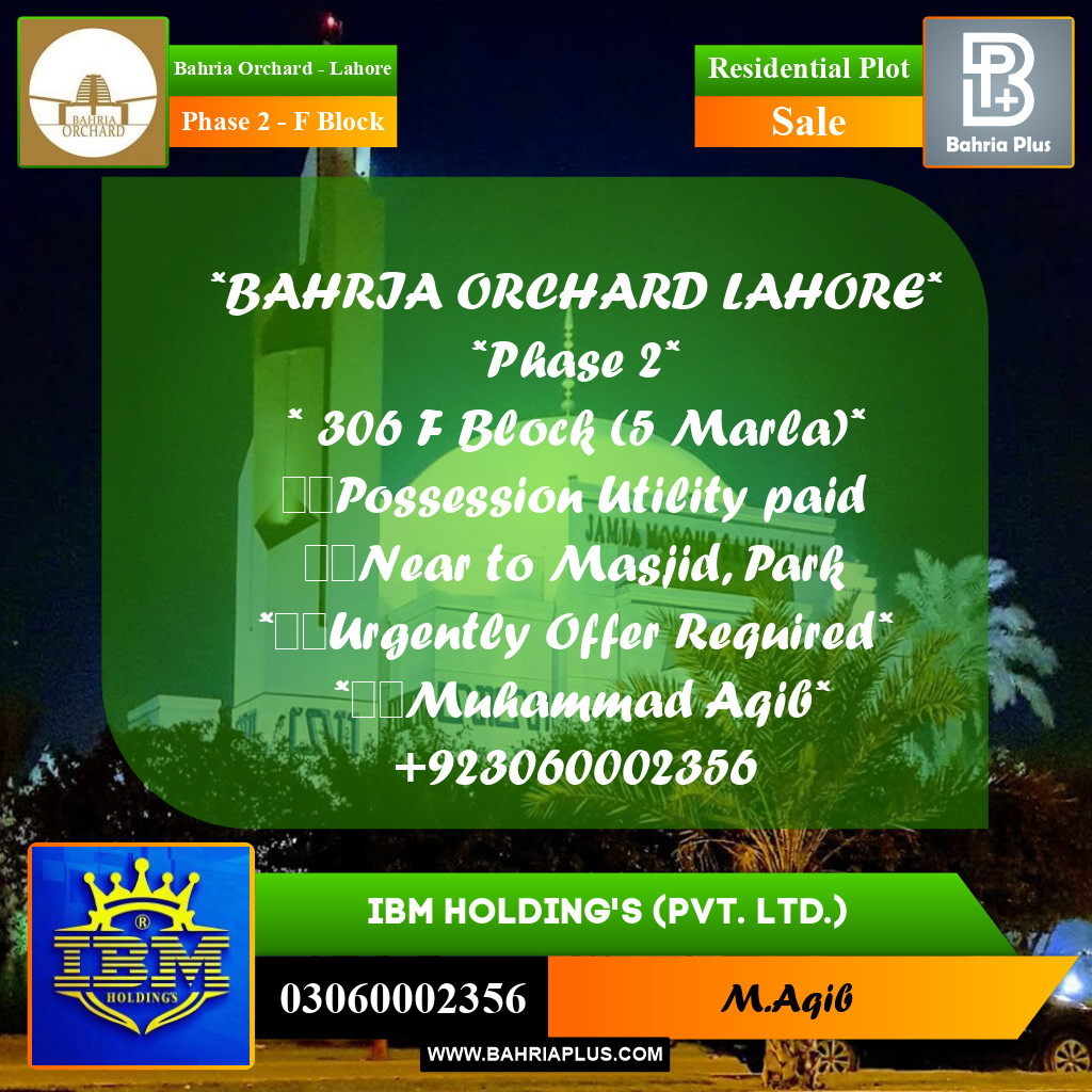 5 Marla Residential Plot for Sale in Phase 2 - F Block -  Bahria Orchard, Lahore - (BP-356756)