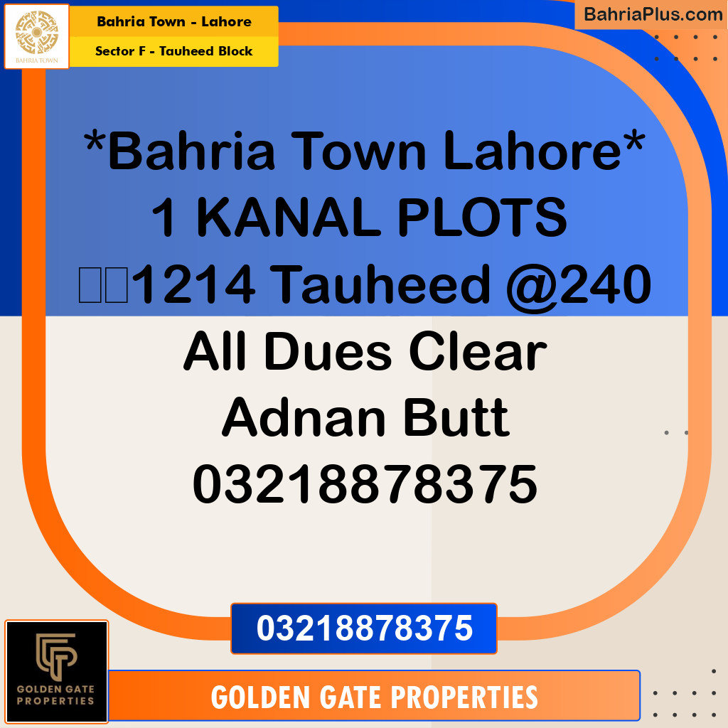 1 Kanal Residential Plot for Sale in Sector F - Tauheed Block -  Bahria Town, Lahore - (BP-356878)