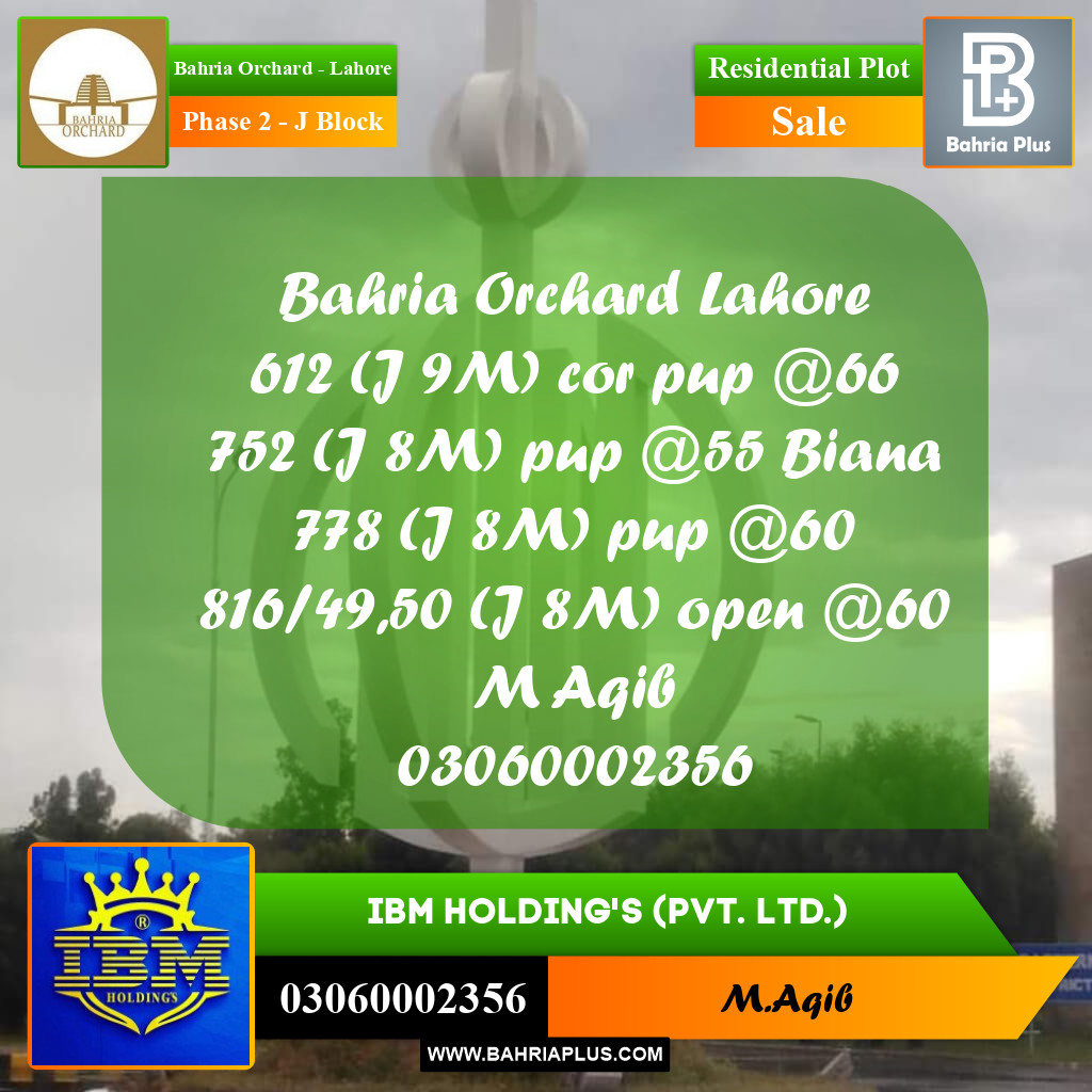 8 Marla Residential Plot for Sale in Phase 2 - J Block -  Bahria Orchard, Lahore - (BP-356985)