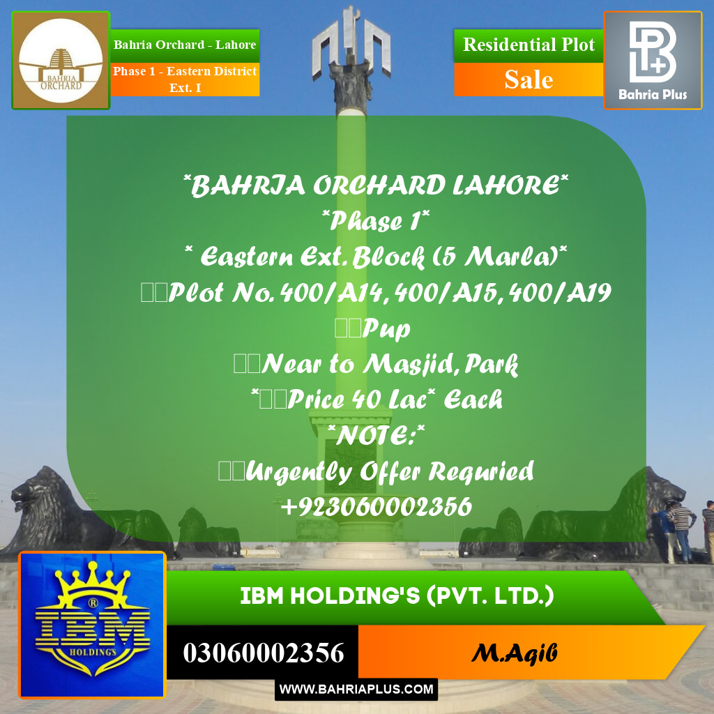 5 Marla Residential Plot for Sale in Phase 1 - Eastern District Ext. I -  Bahria Orchard, Lahore - (BP-357049)