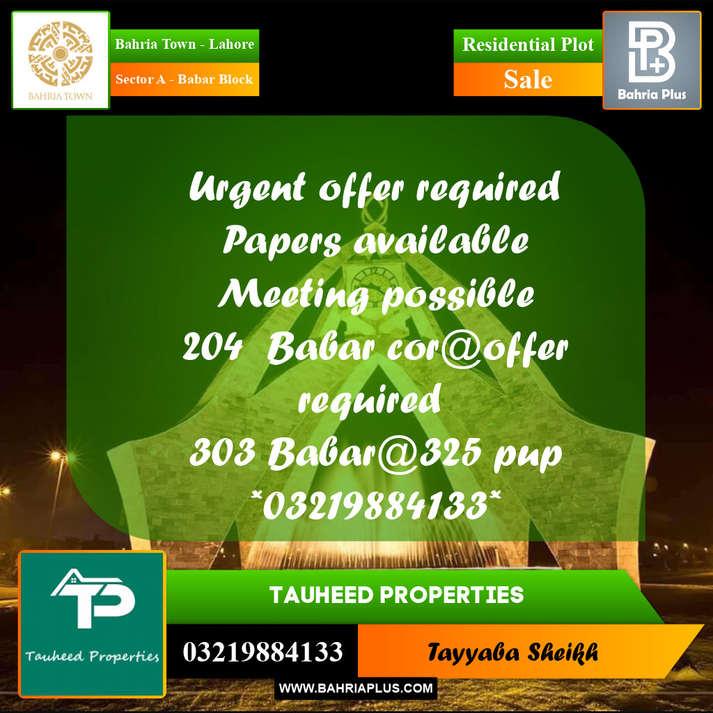1 Kanal Residential Plot for Sale in Sector A - Babar Block -  Bahria Town, Lahore - (BP-357103)