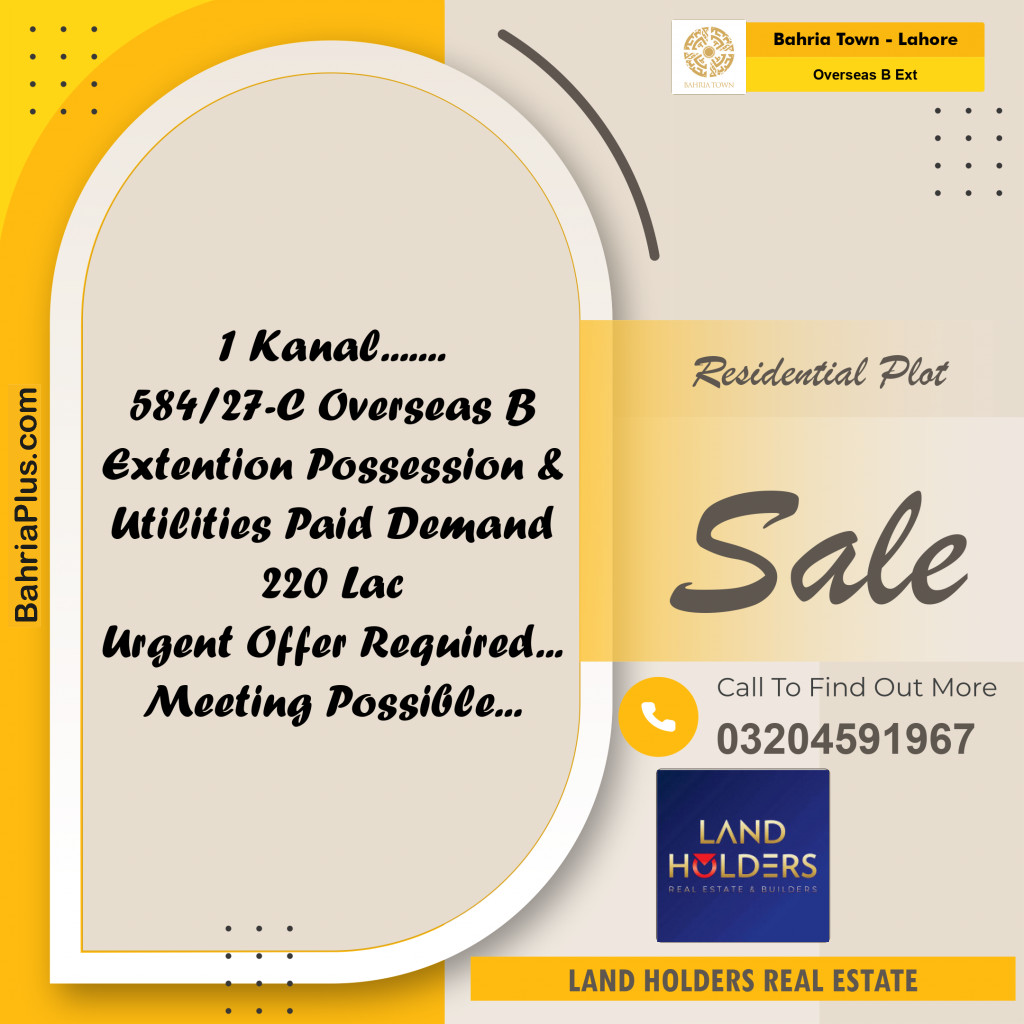 1 Kanal Residential Plot for Sale in Overseas B Ext -  Bahria Town, Lahore - (BP-357118)