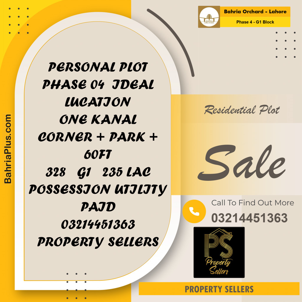 20 Marla Residential Plot for Sale in Phase 4 - G1 Block -  Bahria Orchard, Lahore - (BP-357151)