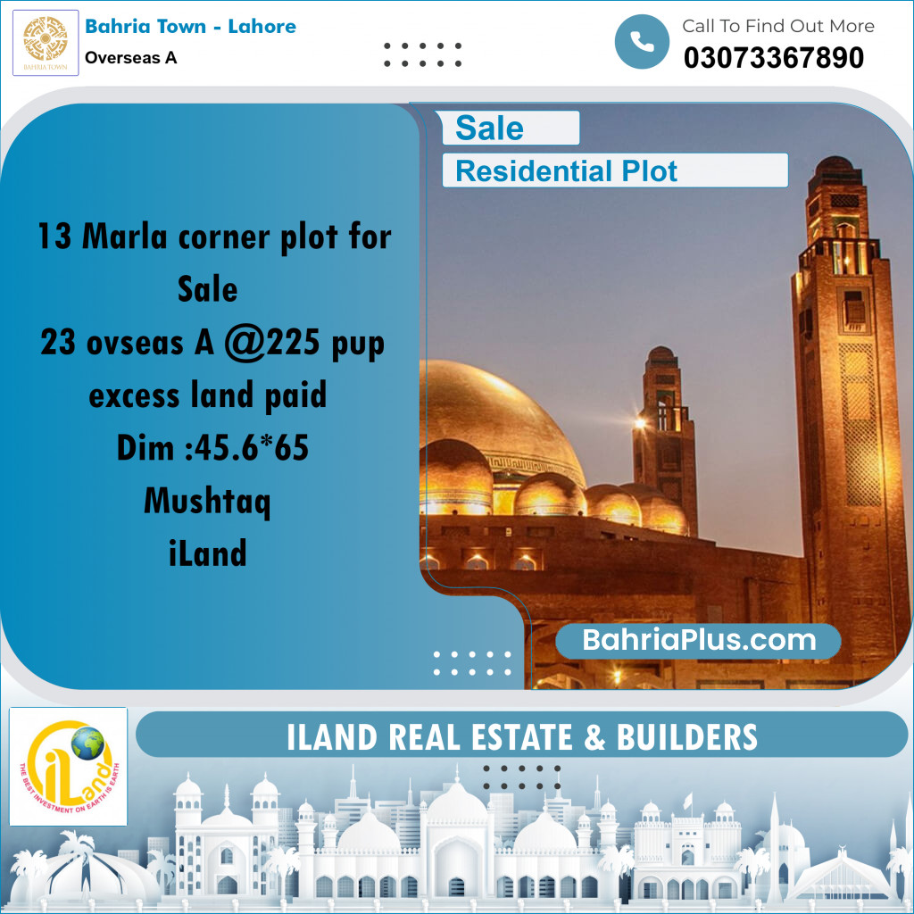 13 Marla Residential Plot for Sale in Overseas A -  Bahria Town, Lahore - (BP-357167)