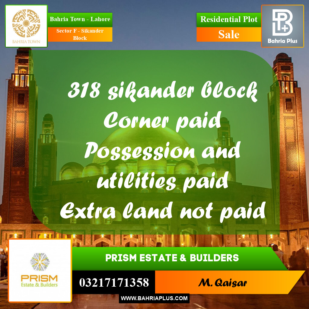 1 Kanal Residential Plot for Sale in Sector F - Sikander Block -  Bahria Town, Lahore - (BP-357168)