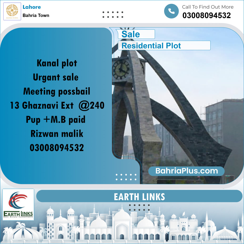 1 Kanal Residential Plot for Sale in Bahria Town, Lahore - (BP-357344)
