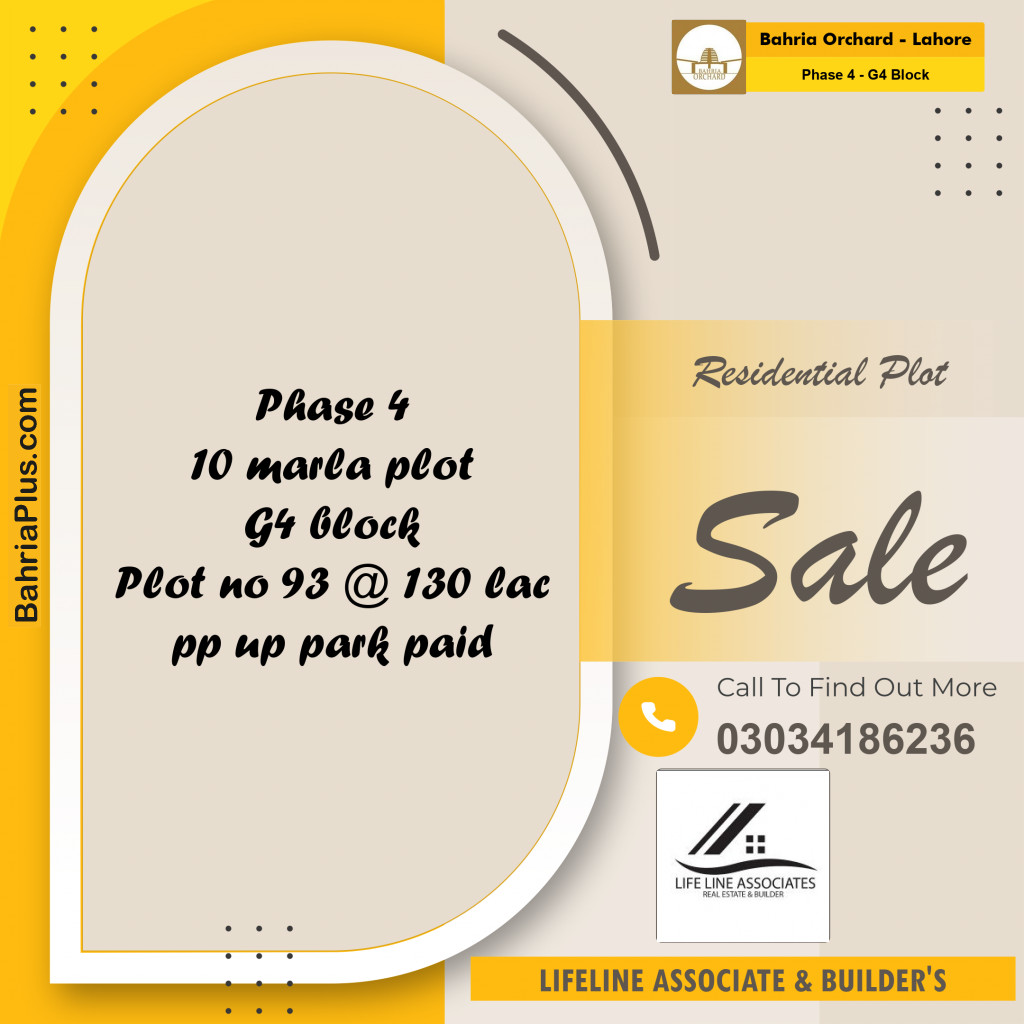 10 Marla Residential Plot for Sale in Phase 4 - G4 Block -  Bahria Orchard, Lahore - (BP-357371)