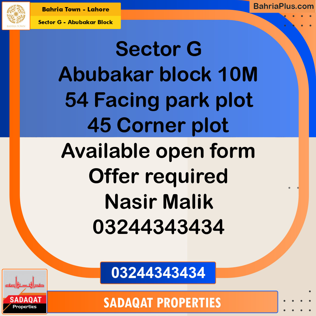 10 Marla Residential Plot for Sale in Sector G - Abubakar Block -  Bahria Town, Lahore - (BP-357438)