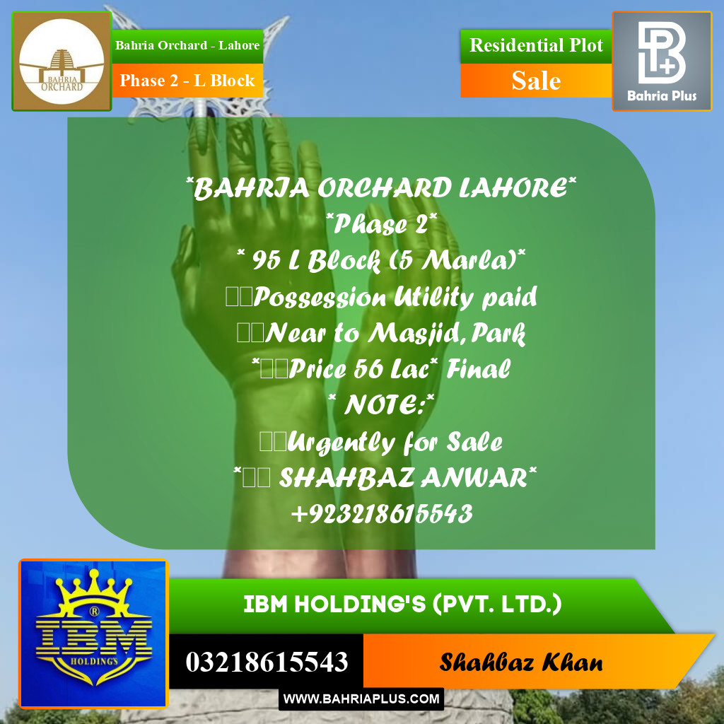 5 Marla Residential Plot for Sale in Phase 2 - L Block -  Bahria Orchard, Lahore - (BP-357707)