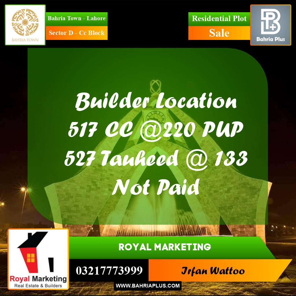 10 Marla Residential Plot for Sale in Sector D - CC Block -  Bahria Town, Lahore - (BP-357711)